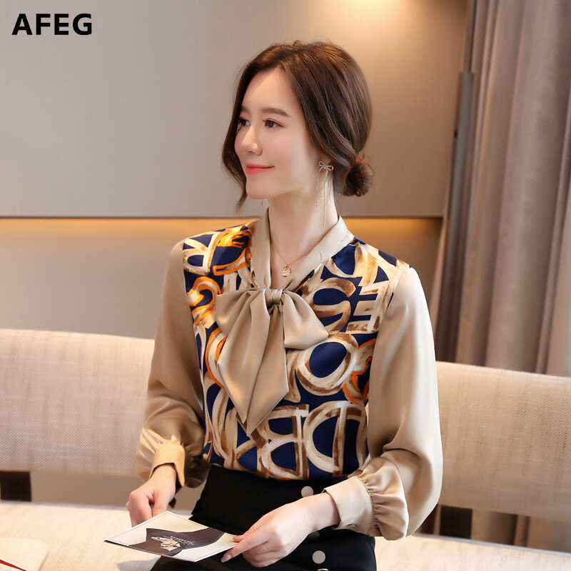AFEG new women's long-sleeved printed bow tie lace stitching OL blouse for women