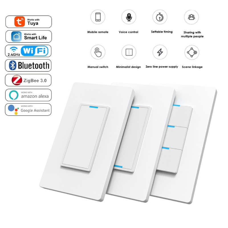E cuộc sống cửa hàng thông minh wifi công tắc cảm ứng tường tuya zigbee bluetooth tường chuyển đổi 2 cách kiểm soát công tắc thông minh 100-240vac công tắc hẹn giờ chúng tôi không có dây trung tính yêu cầu đèn thông minh chuyển đổi 1 2 3 gang tuya nhà thô