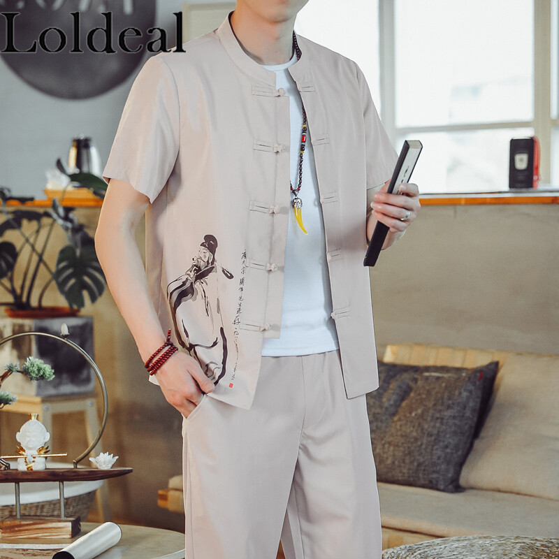 Loldeal Men Short-sleeved Shirt Set Chinese Style Slim Cotton and Linen Printed Stand Collar Hanfu + Long Pants