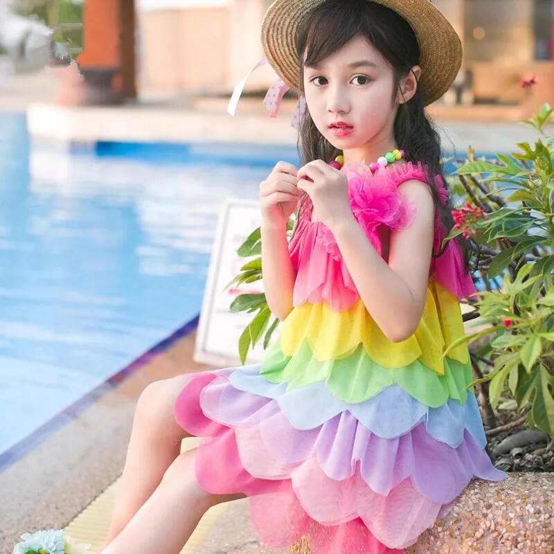 FORHER FORHIM Girls Rainbow Dress Summer Holiday Beach Lace Skirt Baby Sling Veil Brim Vest The Princess Skirt FH1696