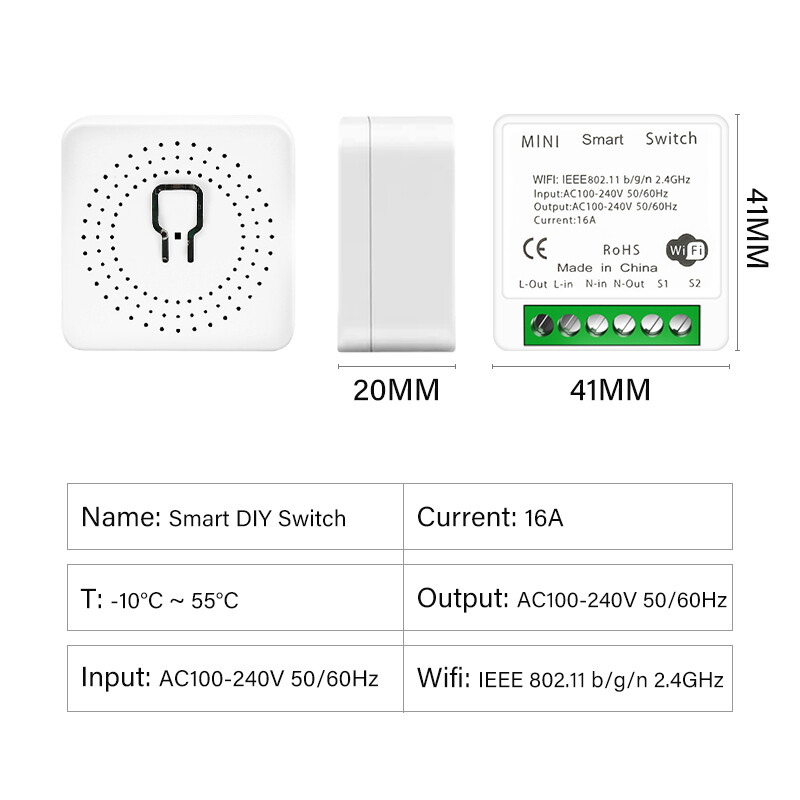 【Same Day Shipping】16A MINI Wifi Bluetooth Smart Switch Supporte 2-way Control Timer Wireless Switches Smart Home Automation Compatible With Tuya AlexaGoogle Home,Bluetooth WiFi Dual Mode, No Switch (direct Wire) + Single Control Switch + Double Control S