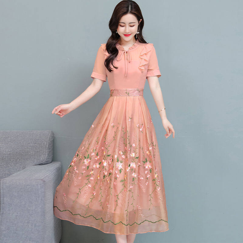 Heavy Industry Embroidery Stitching Chiffon Dress Women's Summer 2022 New Temperament Slim Mother Lace Dress A-line Skirt