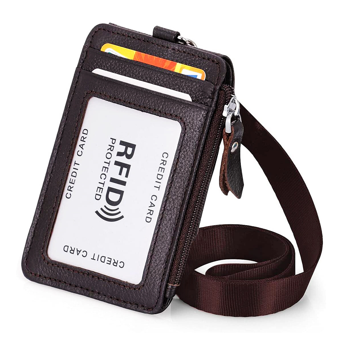 Badge Holder with Zipper Genuine Leather RFID Keychain Wallet Neck Lanyards with Swivel Hook for Card/Coin/Cash Black
