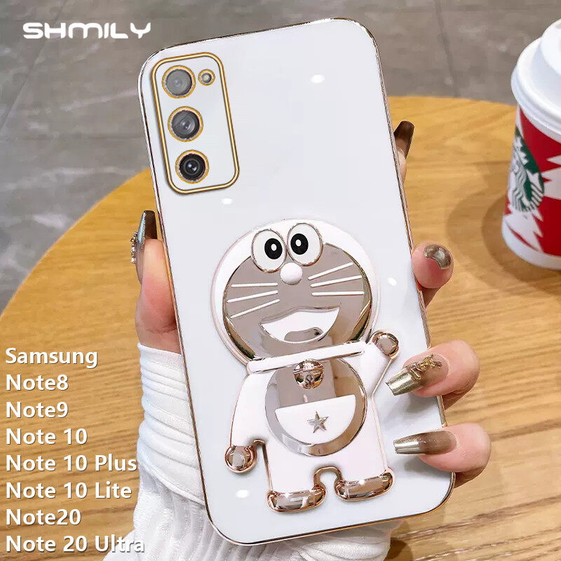 Shmily Fashion Dingdang Cat Stand Phone Case For Samsung Galaxy Note8 Note9 Note 10 Note 10 Plus Note 10 Lite Note20 Note 20 Ultra Luxury Electroplated Straight Edge Soft Silicone Shockproof Phone Cover