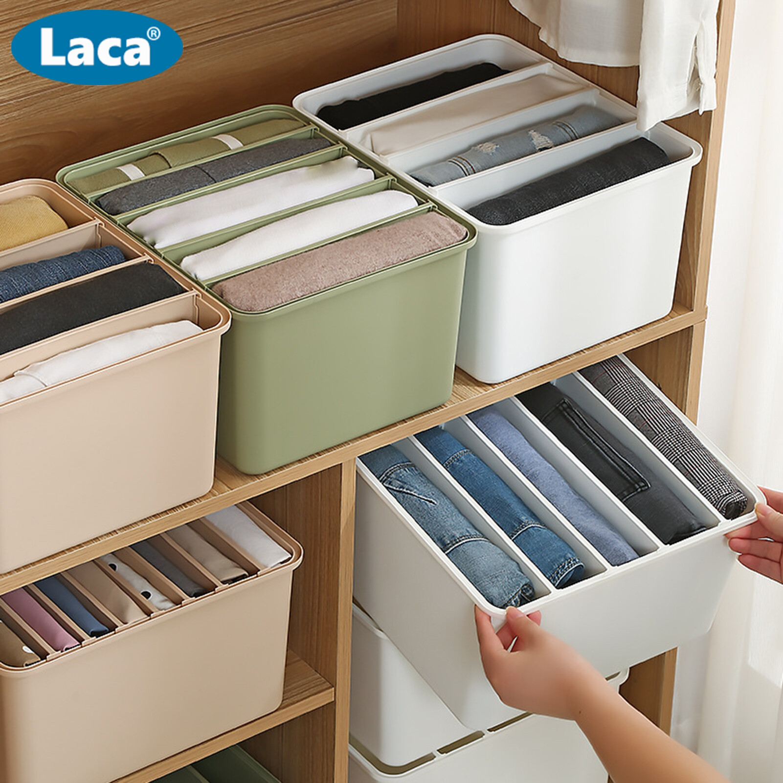 Laca Multi-layer Large Capacity Clothes Storage Box Plastic Practical Adjustable Partition Clothes Storage Case for Home