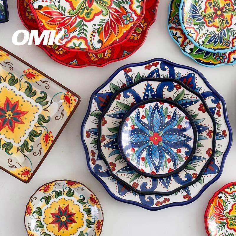 Bộ đồ ăn đĩa ăn tối gốm sơn tay phong cách bohemian omk