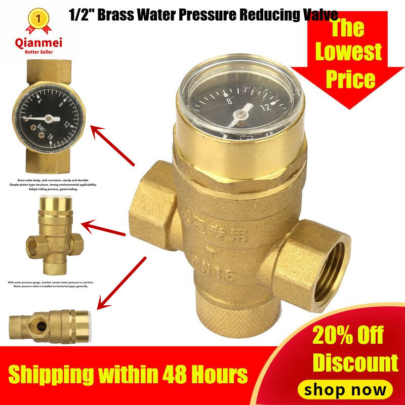 1/2 Brass Water Pressure Reducing Valve Relief Regulator Valve with Guage Meter Adjustable Water Flow