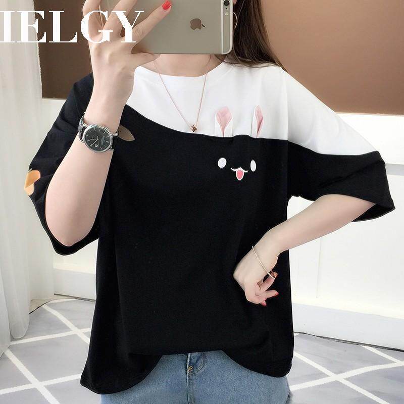 IELGY cute printing short-sleeved T-shirt female color matching t-shirt student shirt casual loose short-sleeved women's clothing