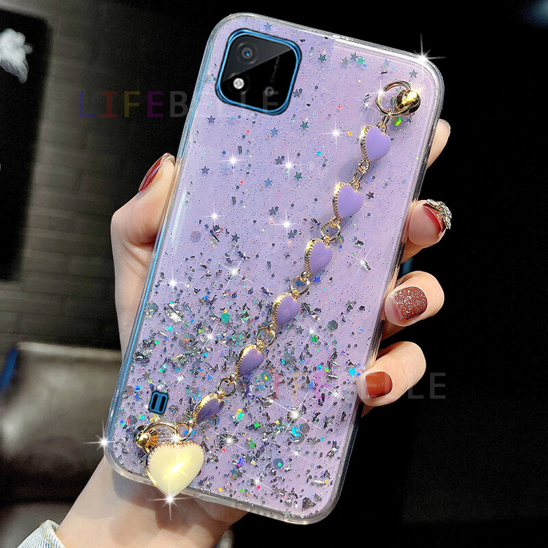 LIFEBELLE Casing for Realme7 8 8i 9 Pro C11 C12 C15 C17 C20 C21 C21Y C25s C31 C35 Case, Love Heart Wristband, Women Luxury Fashion Glitter Star Sparkle Slim Phone Casing Clear Soft TPU Silicone Protective Back Cover