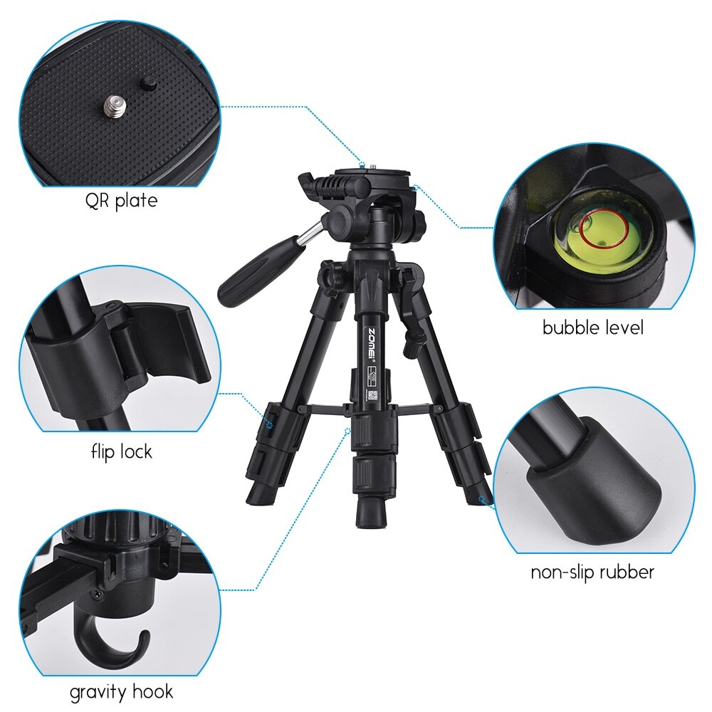 ZOMEI Q100 20inch Tabletop Folding Tripod with Quick Release Plate Storage Bag Black
