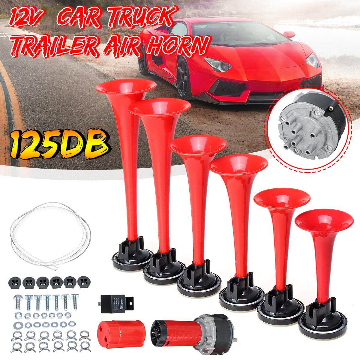 【Free Pengiriman + Flash Deal】125db 6 Terompet Trailer Mobil Truk Bel Udara Kit Keras Musik Suara 12 V Merah-Merah