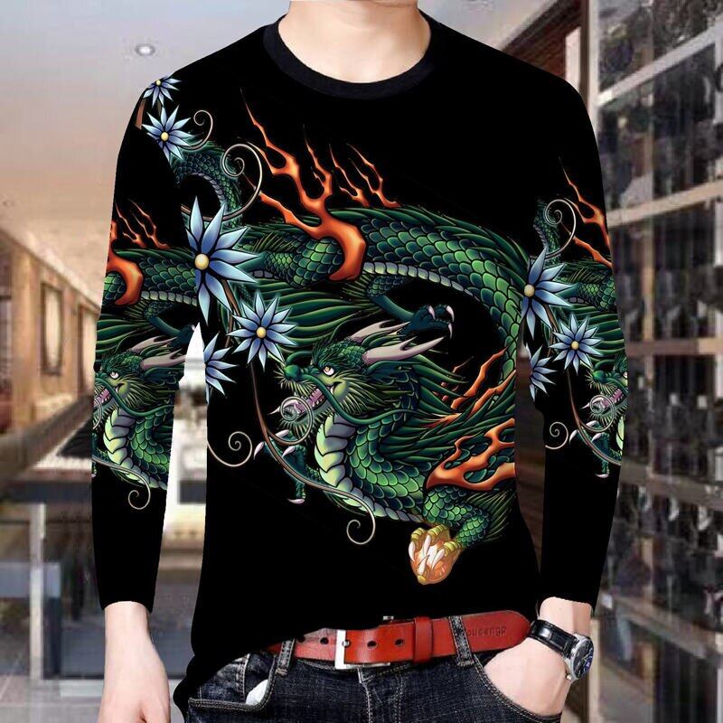 Yushu Carp Pattern 3D Digital Printing Slim Fit Long Sleeve T Shirt Men Autumn New Quality Polyester Soft Smooth Luxury T-shirt M-4XL