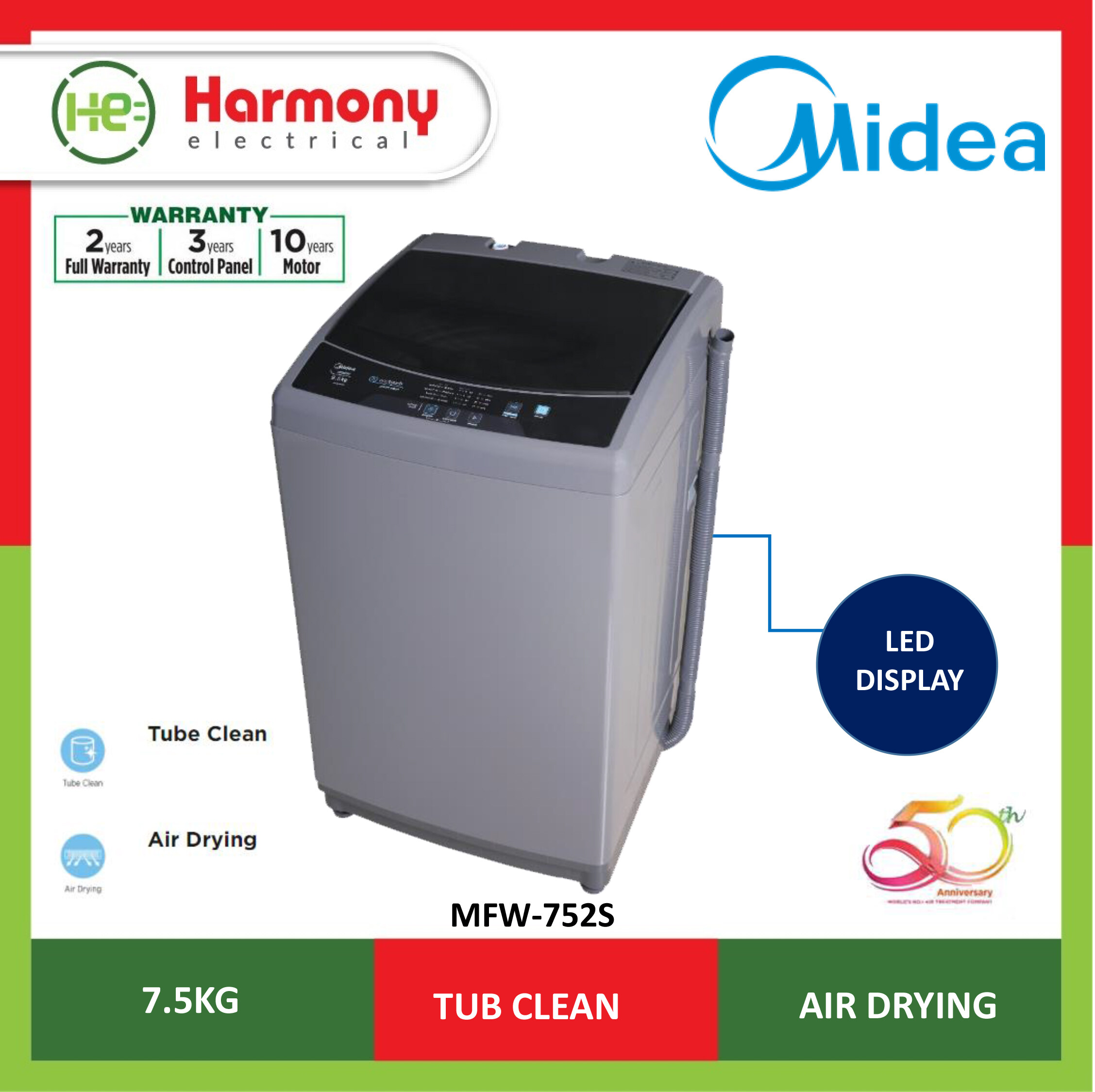 midea washing machine 7.5 kg mfw 752s