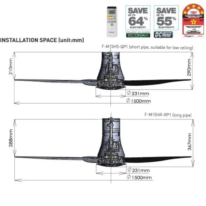 Panasonic Econavi 5 Blade Ceiling Fan F M15h5 Rp1 Long Pipe