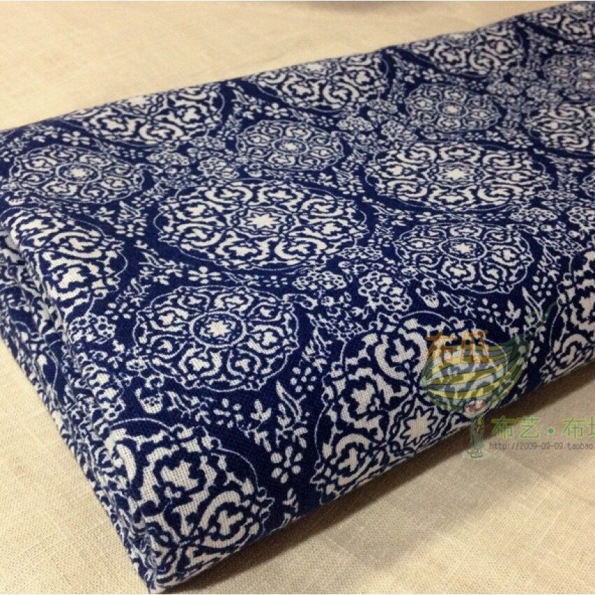GFW Small Blue And White Imitation Batik Linen Fabric Blue Flower Cloth