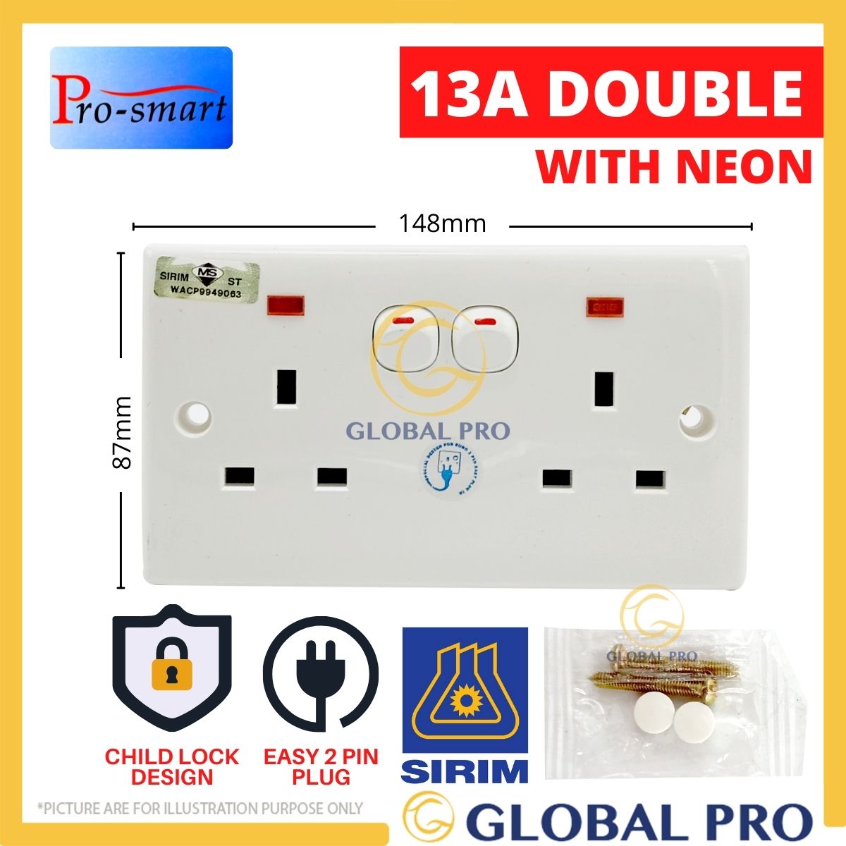 [SIRIM] PRO-SMART 13A 3 Pin Switch Socket With Neon Single / Double 13A ...