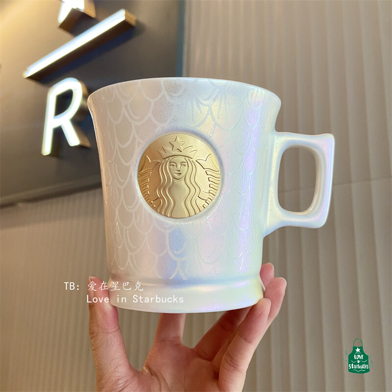 Starbuck Cup 50th Anniversary Glow Pearl Fish Scale Bronze Seal Handle Ceramic Mug Coffee Cup
