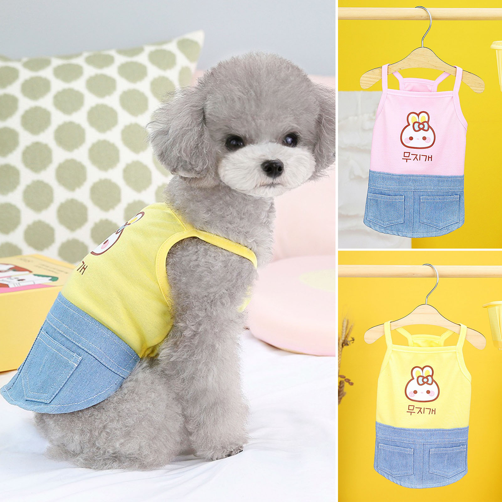 Dog Dress Cartoon Pattern Double Pockets Letter Print Patchwork Puppy Party Dress Spring Summer Sling Denim Dog Skirt for Small Dogs Pretty Dog Dress