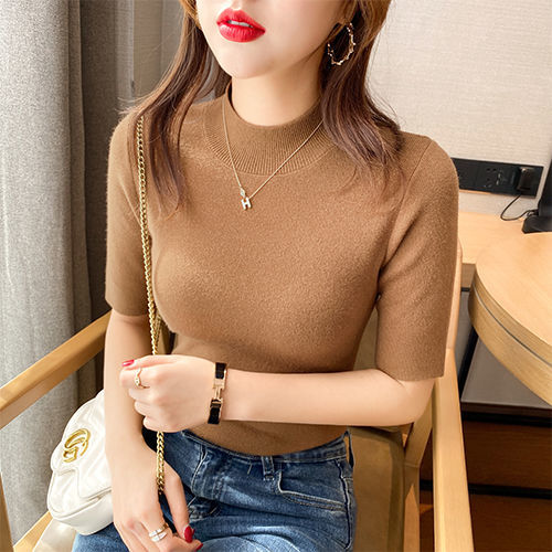 Women's Knitted Sweater Middle Sleeve Bottoming Sweater Solid Color Half Turtleneck Sweater