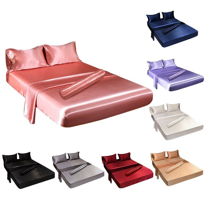 Bộ Ga Trải Giường Chất Lượng Cao, Khăn Trải Giường Bằng Lụa Nhân Tạo Cỡ Queen / King Màu Trơn Với 2 Chiếc Vỏ Gối Và Vỏ Gối Ôm