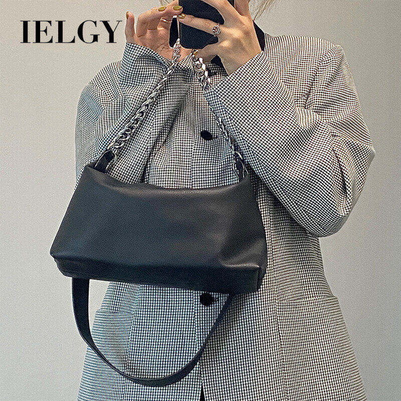 IELGY Woman's handbag One shoulder PU Underarm Baguette Thick chain Black Simple Solid color
