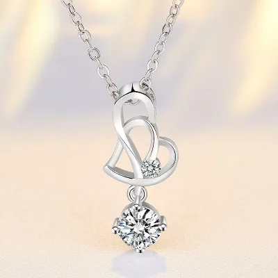 【Ready Stock】S925 Silver Earring Fashion Double Heart Love Shape Pendants Necklaces Zircon Ladies Women Jewelry