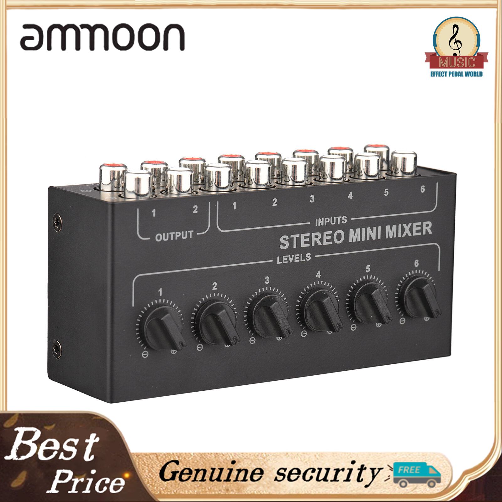 Ammoon Mini Stereo 6 Channel Passive Mixer RCA Portable Audio Mixer 6 In 2 Out Stereo Distributor Volume Control No Battery Required