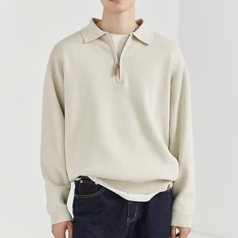 KYUSHUAD Men's Zipper Pullover Loose Long Sleeve Polo Shirt korean style thin sweater bottoming shirt
