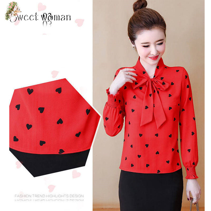 【SW】2020 bow tie V-neck long sleeve shirt with polka dot pattern
