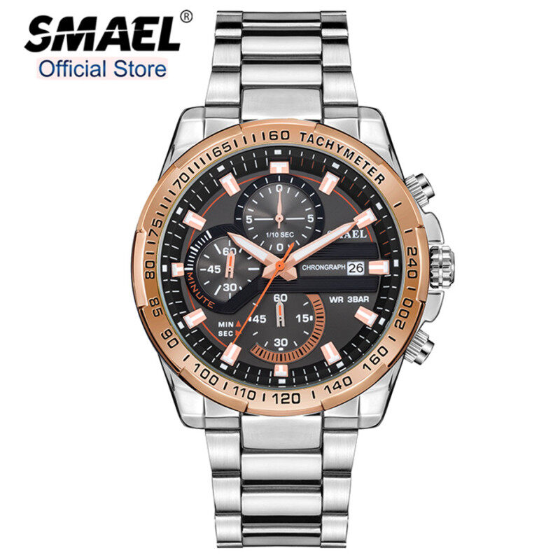 Đồng hồ đeo tay SMAEL cho nam, đồng hồ thạch anh Chronograph chống nước 30M kiểu quân đội, dây đeo bằng thép không gỉ 9089