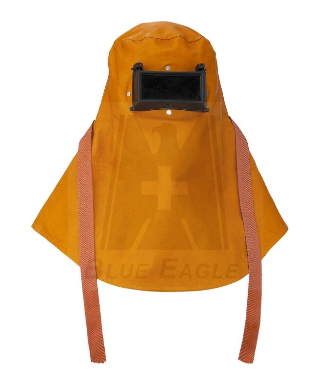BLUE EAGLE Brown ARC-Welding Leather Hood with Flipped-Up Lens, Certified By ANSI