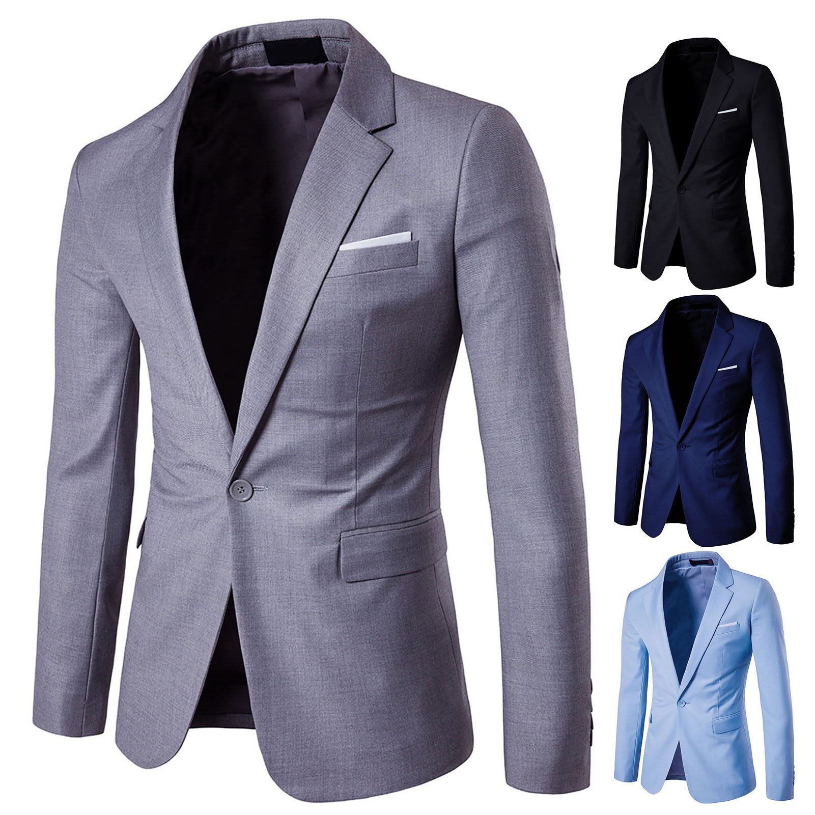 Người đàn ông Blazer cúc đơn màu trơn cổ áo bẻ dáng ôm ngoại cỡ túi áo khoác com lê cho văn phòng