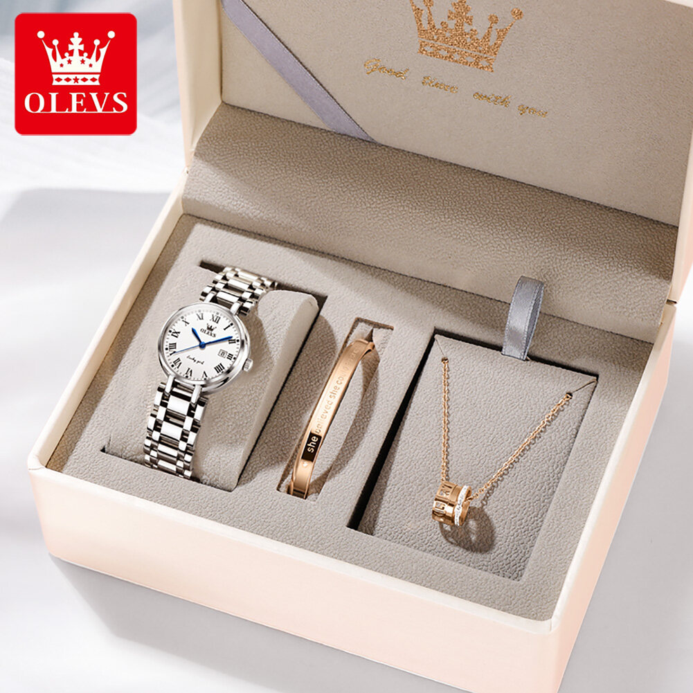 OLEVS Watch Set for Women Original Rome Diamond Dial Stainless Steel