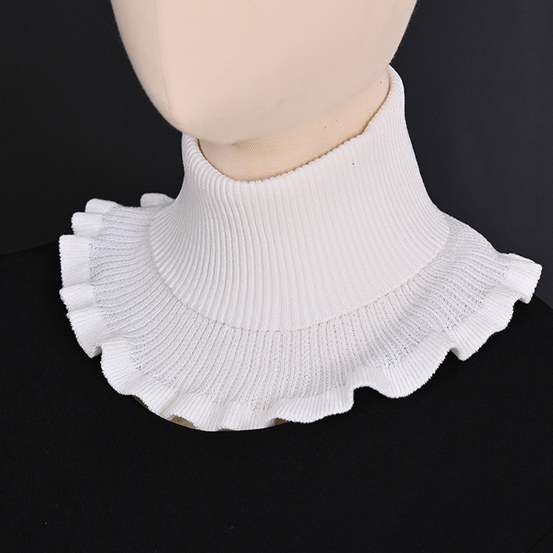 Ladies Turtleneck Ribbed Knitted False Fake Collar Winter Windproof Dickey Solid Color Ruffles Detachable Scarf Wrap