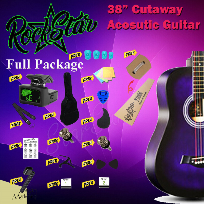 38 Inch Acoustic Guitar Purple Color Cutaway Starter Pack Folk Guitar Package Bundle Malaysia