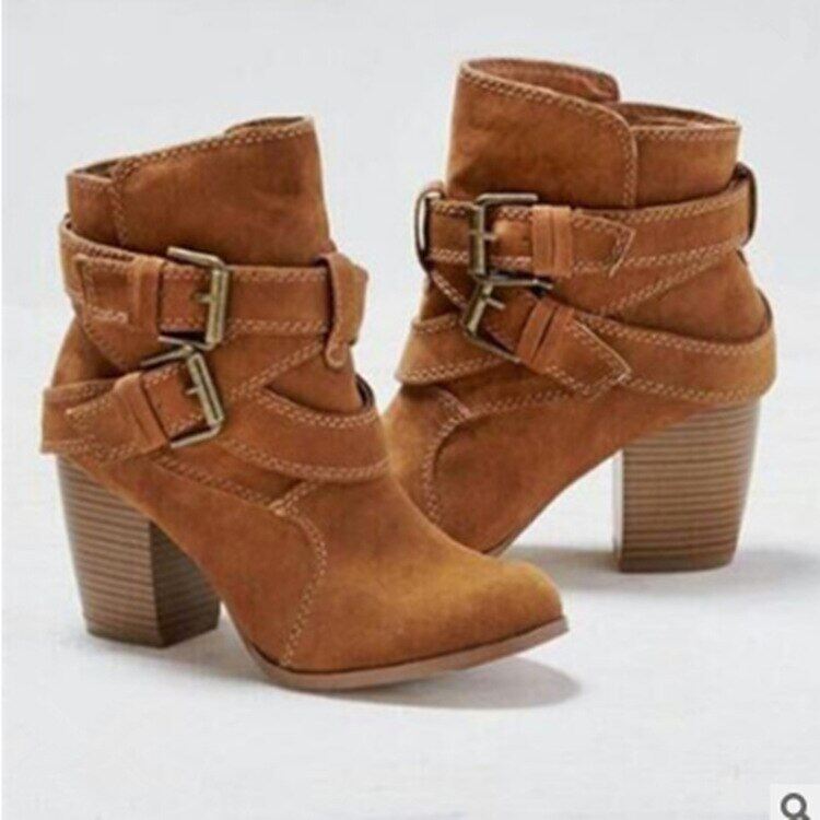 Europe Style Vintage Women High Heels Ankle Boots Buckle Ruer Casual Ladies Shoes Female Chelsea Boots Shoes
