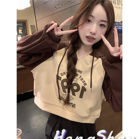HengShanYuan Thin sweatshirt women's hooded print stitching double cap