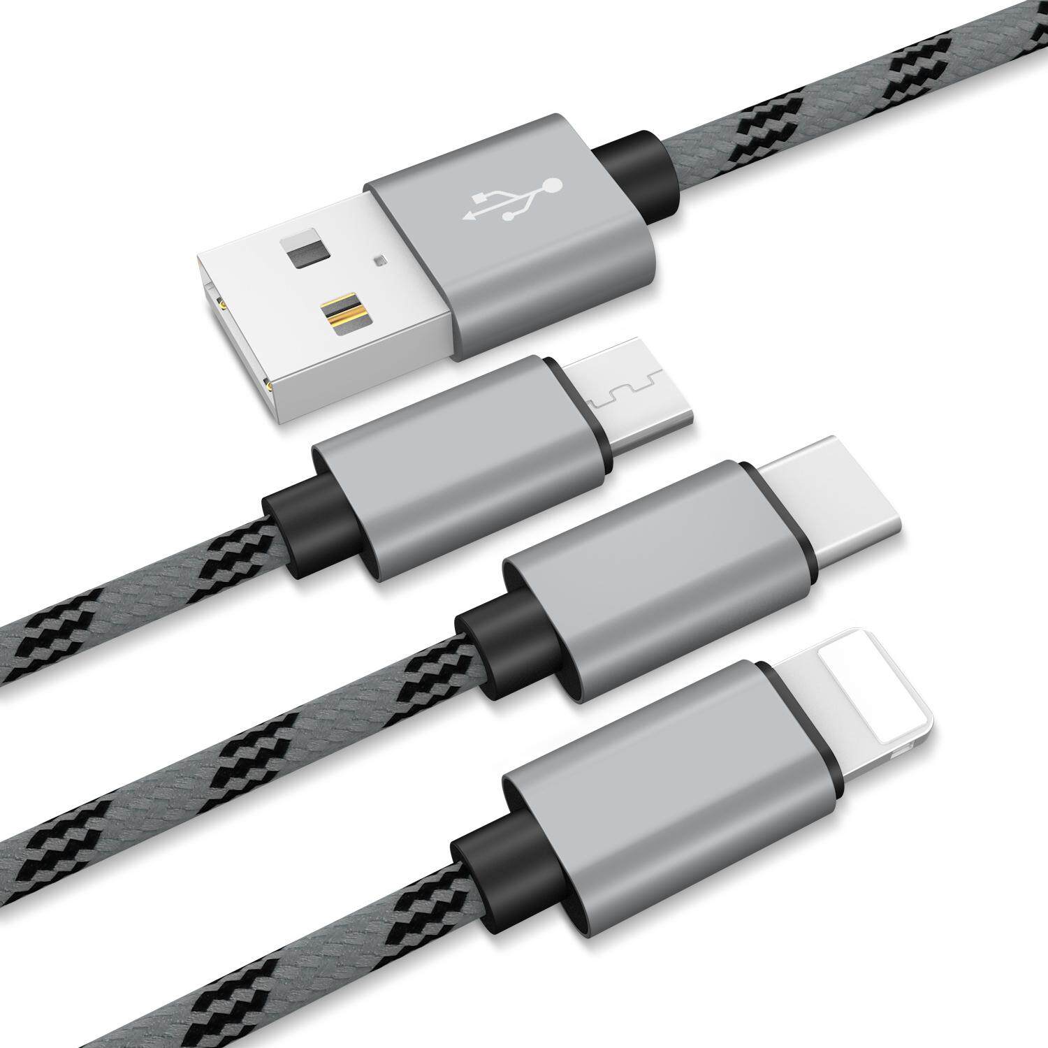 1.25 Meter 3 In 1 Tipe C + Micro USB + Pengisi Daya Lightning Kabel 2.4A USB Pengisian Daya Cepat Kabel untuk Huawei Samsung Xiaomi iPhone OPPO Vivo HTC moto LG Telinga Nokia