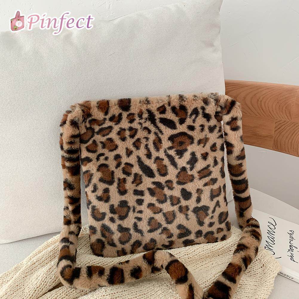 [Pinfect] Fashion Women Retro Classic Leopard Print Crossbody Handbag Women Plush Soft Casual Shoulder Messenger Shopping Bag