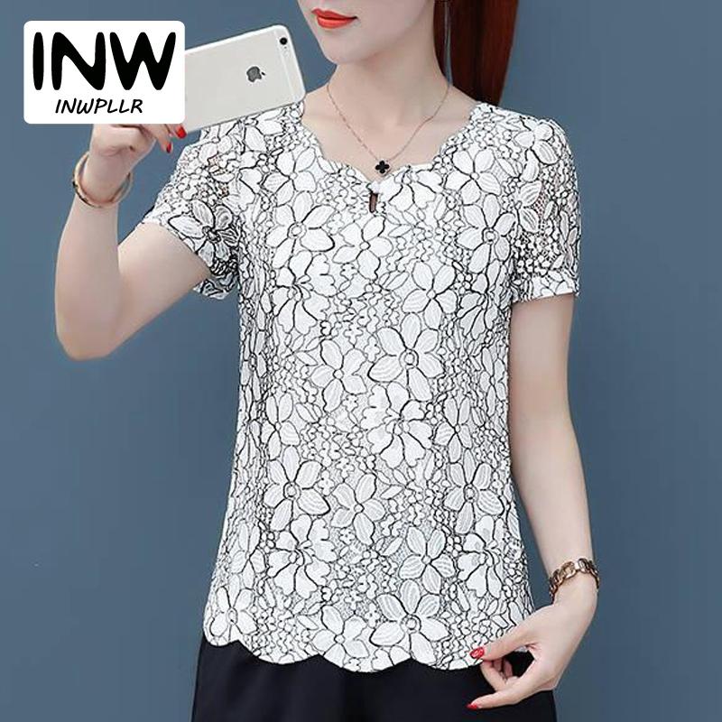 INWPLLR Flower Lace Blouse Women Shirts Summer Korean Fashion Tops Large Size Women Blouses Casual V-neck Short Sleeve Shirt Female