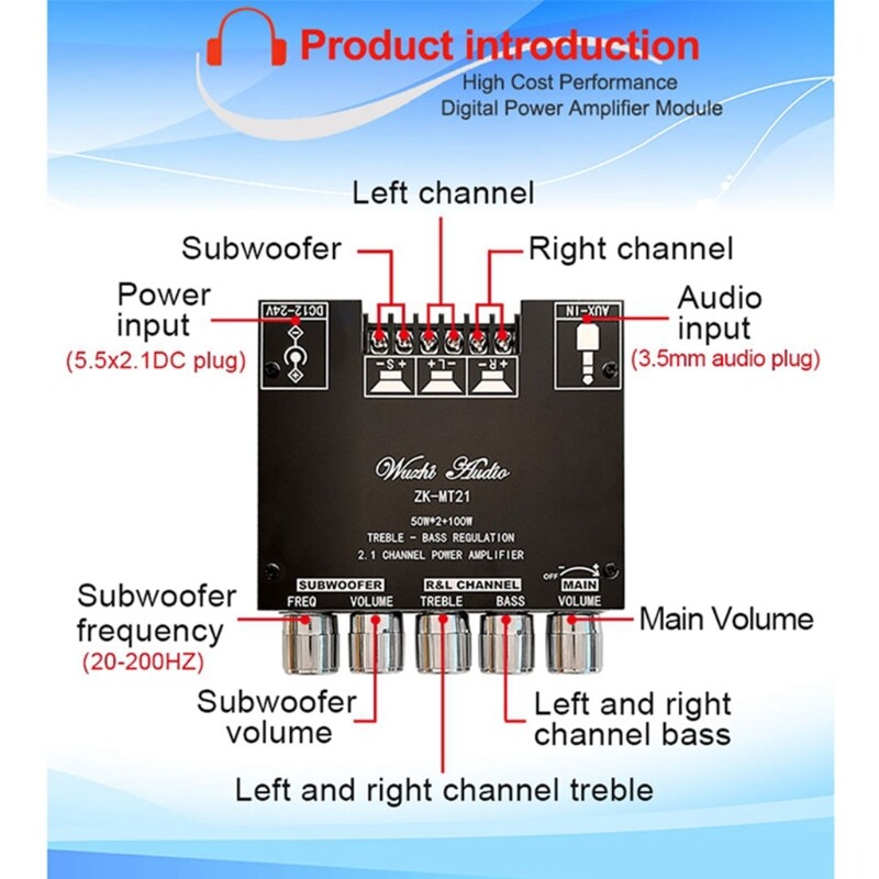 ZK-MT21 Mô Đun Khuếch Đại Âm Thanh Hiệu Suất Cao, Kỹ Thuật Số BT5.0 Loa Siêu Trầm Công Suất Khuếch Đại Hội Đồng Quản Trị, 2.1 Kênh 2X50W + AUX 100W