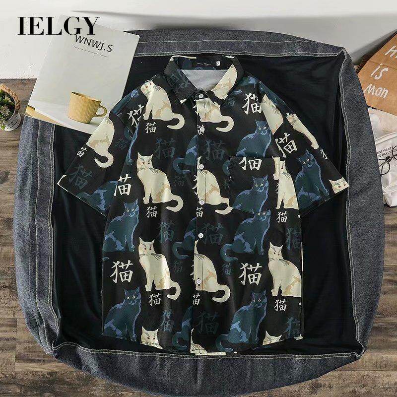 IELGY 【M-3XL】cartoon shirt men's short-sleeved retro Hong Kong style loose