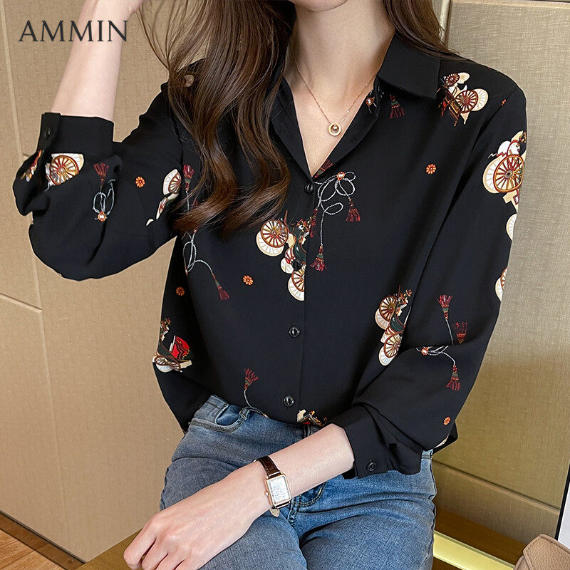 AMMIN New Floral Chiffon Shirt For Women Korean Fashion Loose Top Lady Long Sleeve Print Blouse