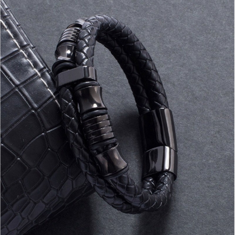 HZP Punk Braid Leather Rope Bracelet for Men Black Stainless Steel Clasp Wristband Fashion Bangles Personalized Gifts