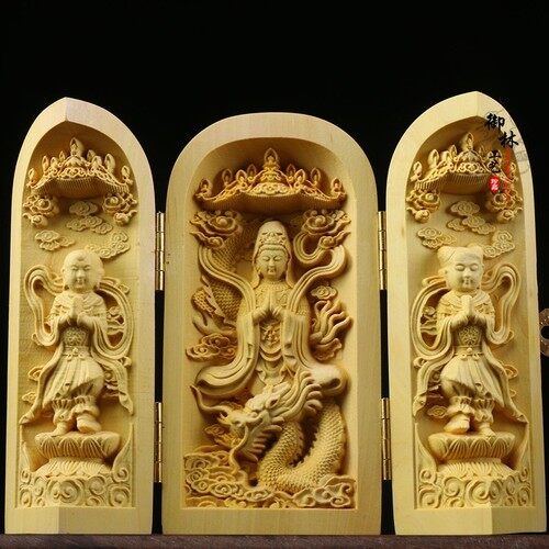 Three Buddha statue with goddess decorated Church of Peace Wood statue