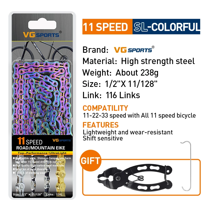 VG Sports Bicycle Chain 6 7 8 9 10 11 Speed Velocidade Titanium Rainbow Gold Silver Mountain Road Bike MTB Chains Part 116 Links