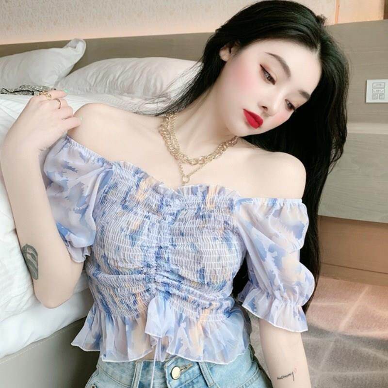 Women Short-sleeved Chiffon Shirt Oil Painting Style Bubble Sleeves Top