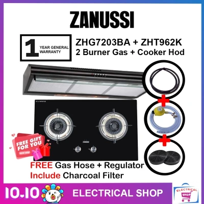 {COMBO} Zanussi Hood ZHT962K Cooker Hood + 76cm Built in 2 Burner Gas Glass Hob ZHG7203BA 4.5kW (Black) (FREE Gas Hose and Regulator)