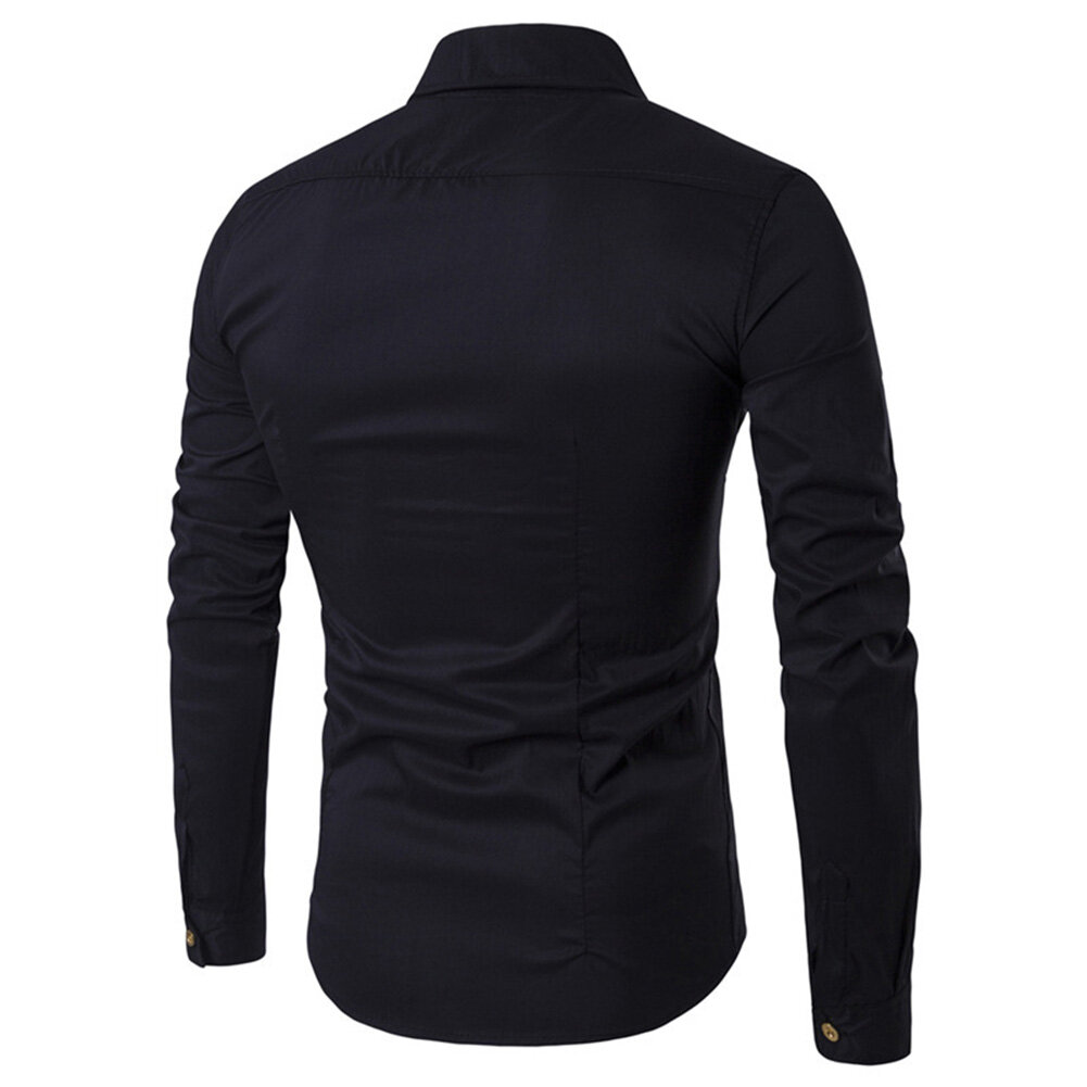 Men Long Sleeve Turn Down Collar Diagonal Double-breasted Buttons Cotton Shirt