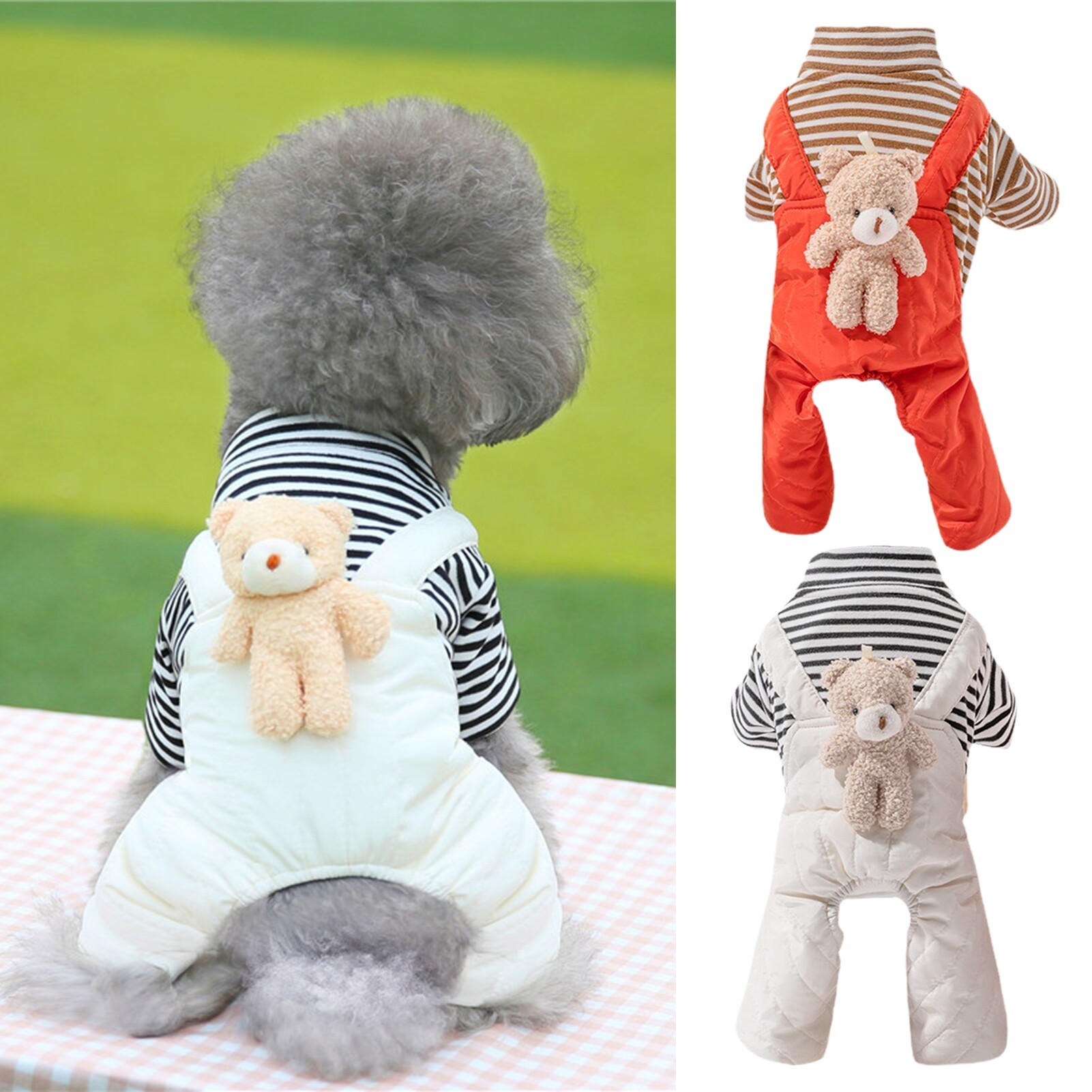 Pet Jumpsuit Super Soft Button Closure Cartoon Design Stripe Pattern Windproof Keep Warm Acrylic Fibers Winter Warm Four-Legged Pet Clothing with Bear Decor Pet Supplies